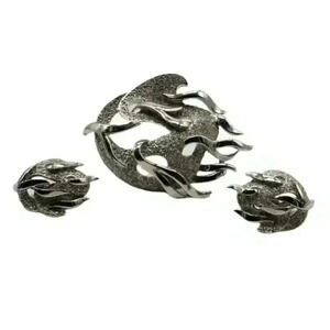 Vintage Crown Trifari Brooch Earrings Set MCM Fire & Ice Flames Silver RARE